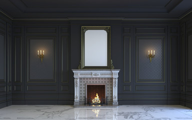 Wall Mural - A classic interior is in dark tones with fireplace. 3d rendering.