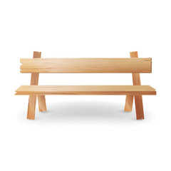 Wooden Bench Realistic Vector Illustration. Park Brown Classic Bench With Shadow Isolated