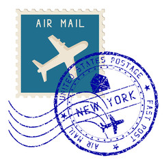 Canvas Print - Air mail stamp. New York post round impress