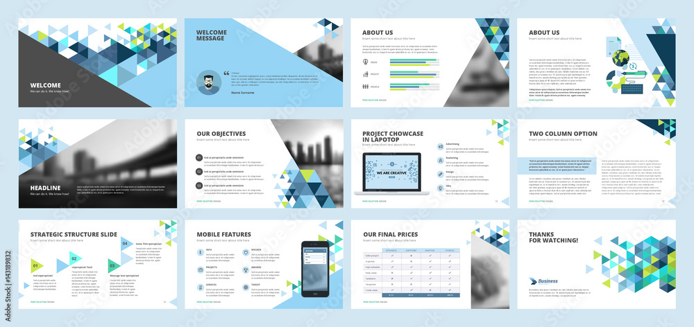 Business presentation templates. Set of vector infographic elements for presentation slides, annual report, business marketing, brochure, flyers, web design and banner, company presentation. - obrazy, fototapety, plakaty 