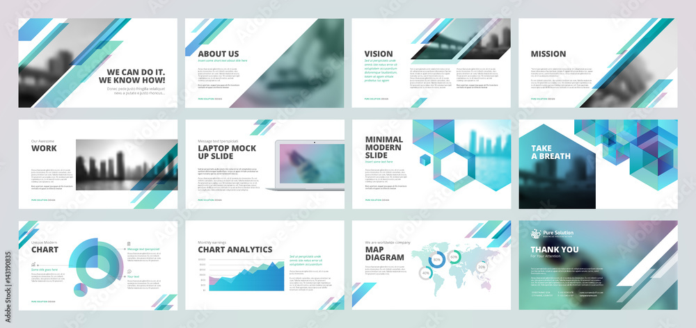 Business presentation templates. Set of vector infographic elements for presentation slides, annual report, business marketing, brochure, flyers, web design and banner, company presentation. - obrazy, fototapety, plakaty 