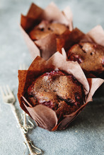 Dark Chocolate Muffin With Cherry And Sauce