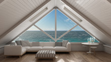 Panoramic Window On Open Sea Ocean, Mezzanine Loft, Living Room With Relaxing Sofa, Minimalist Scandinavian Interior Design