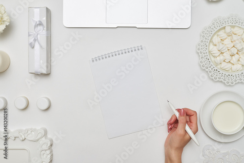 Fotografía Female holding a white pen in hands on a white background