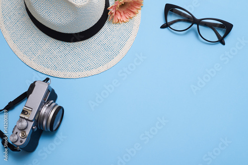 Stampe Flat lay of feminine accessories collage with retro camera
