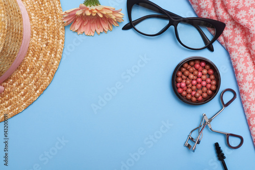 Stampa su Tela Collage of female clothes with cosmetics, flat lay picture
