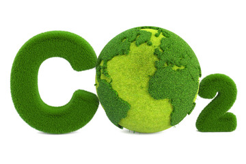 Wall Mural - CO2 from grass inscription with globe, eco concept. 3D rendering