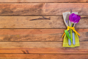 Wall Mural - Festive table settings over wooden background with copy space 