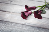 Three violet callas lie on a wooden table, space for text
