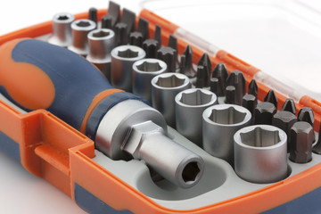 A mechanical tool box, a toolbox in a box. Screwdriver box with transparent cover on white background.