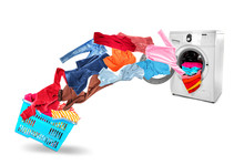 Washing Machine And Flying Clothes On White Background