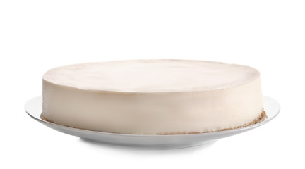 Sticker - Plate with delicious cheesecake on white background