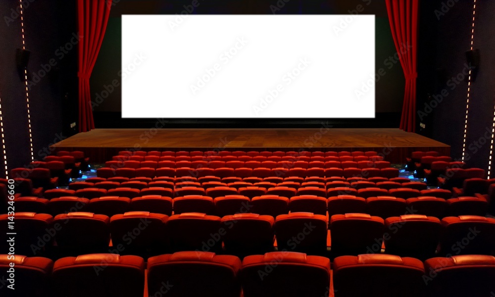 Theater hall with red seat and wide blank white screen - obrazy, fototapety, plakaty 