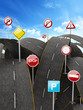 Tangled, crowded, chaotic roads and traffic signs. 3D illustration
