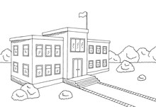 School Building Graphic Black White Sketch Illustration Vector
