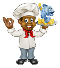 Wall Mural - Cartoon Black Chef Fish and Chips