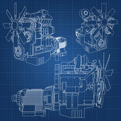 A big diesel engine with the truck depicted in the contour lines on graph paper. The contours of the black line on the blue background.