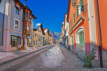 Street In Bavarian Style Decorated For Christmas In Garmisch Partenkirchen