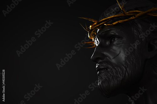 Jesus Christ Statue with Gold Crown of Thorns 3D Rendering Side Angle Empty Spac Poster