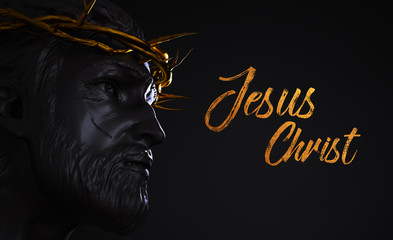 Wall Mural - Jesus Christ Text Statue with Gold Crown of Thorns 3D Rendering Side Angle