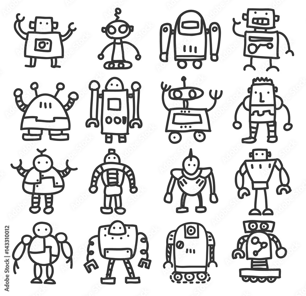 icon robot cute doodle hand drawn vector set art illustration Stock ...
