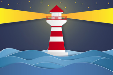 Wall Mural - lighthouse at night , paper art style