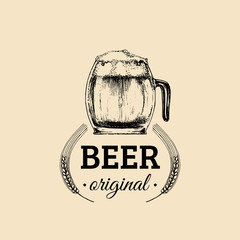 Wall Mural - Kraft beer mug logo. Lager cup retro sign. Hand sketched ale glass illustration. Vector vintage homebrewing label,badge.