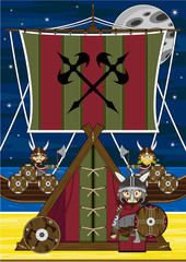 Canvas Print - Cartoon Fierce Vikings and Viking Longboats