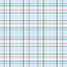 Seamless Tartan Plaid Pattern. Checkered Fabric Texture Print In Stripes Of Pale Blue, Teal Blue, Faded Red And White. 