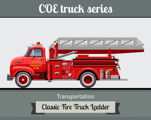 Wall Mural - Classic COE (cab over engine) fire truck ladder side view. Vector illustration clipart