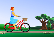 Redhead Girl Riding A Bike In Countryside. Green Grass Summer Background. Flat Color Vector. Horizontal Clipart Illustration