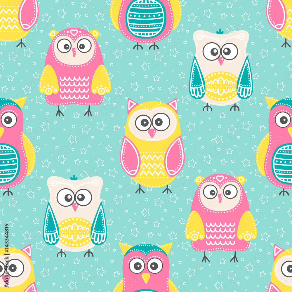 Cute owls. Vector seamless pattern with hand drawn flat birds. Colorful owl  with white doodle ornament. Nice background for kids. Pink, yellow, green,  beige and white colors. Stock Vector | Adobe Stock, image size:1000x1000