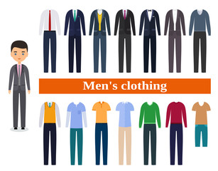 Wall Mural - Men's clothing. Business clothes for men. Male character in flat design. Set garment. Vector illustration.