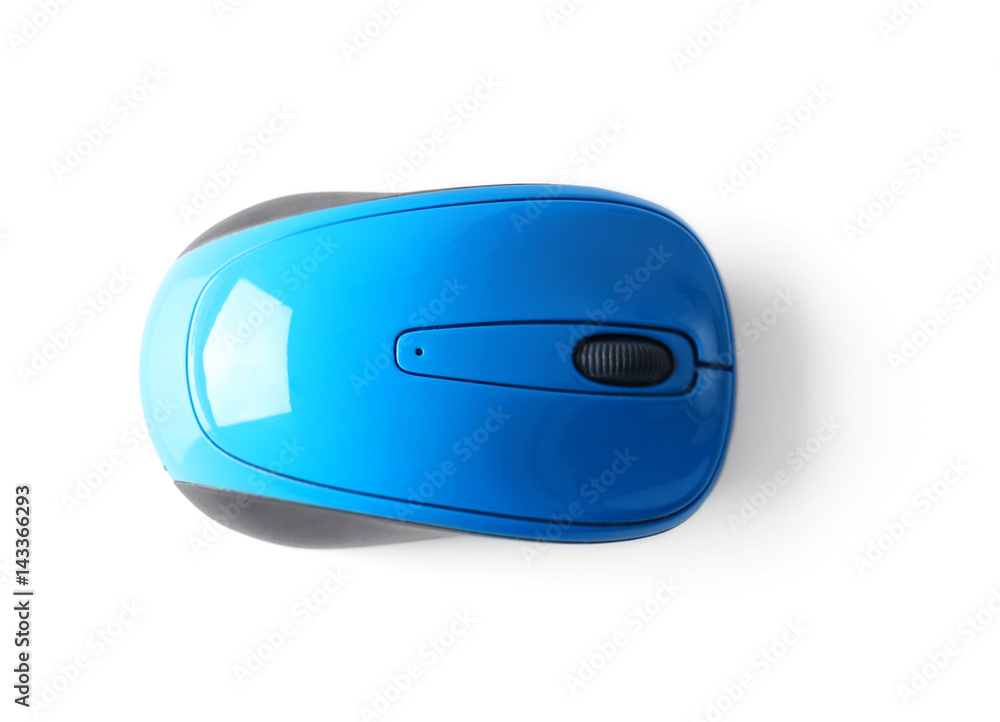 Top view of blue wireless mouse on white background