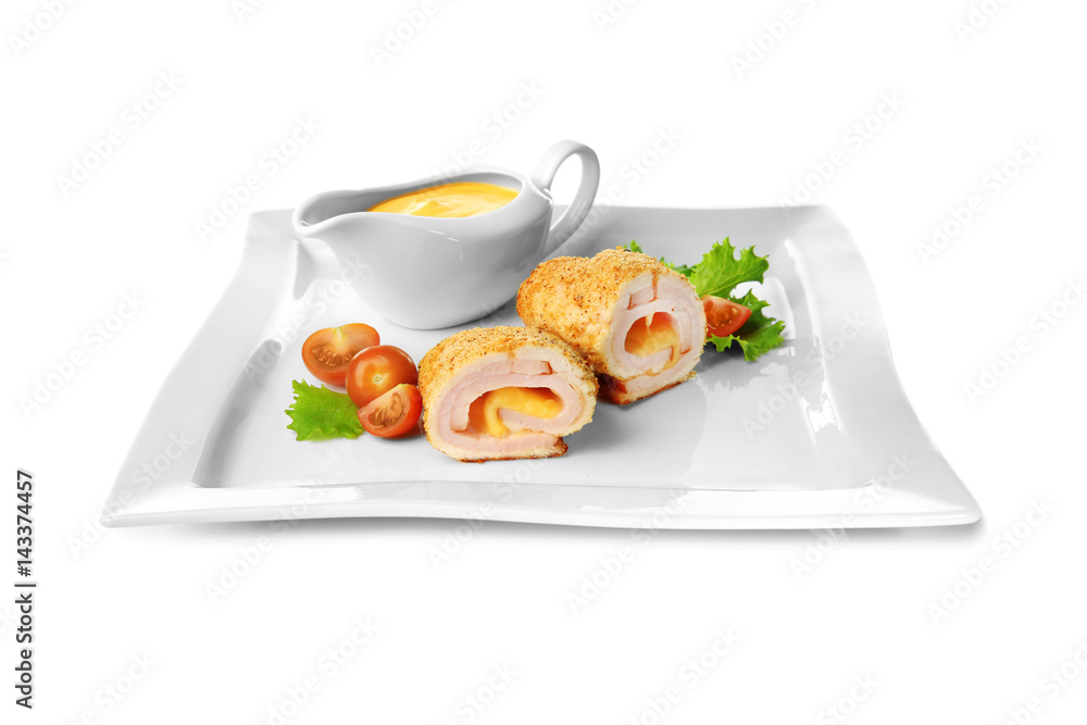 Plate with tasty chicken sliced roll on white background