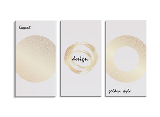 Set of 3  white business card template or gift cards. Texture of gold foil. Luxury vector illustration.Space for text. Vector