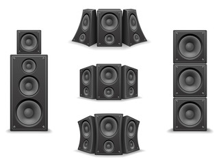 music speaker twisted isolated 3d realistic icons set design vector illustration
