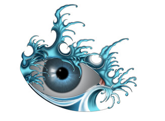 Wall Mural - Water blue - eye covered by blue japanese waves style tattoo design