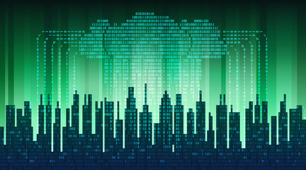 Binary rain in digital abstract city, the flow of data with the cloud, high-tech background