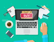 Online shopping concept vector illustration, flat style laptop computer and customer person buying from ecommerce internet store via credit card, idea of e-commerce infographic, online payment