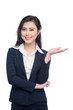 © makistock - Portrait of an attractive young businesswoman showing by hands isolated on white.