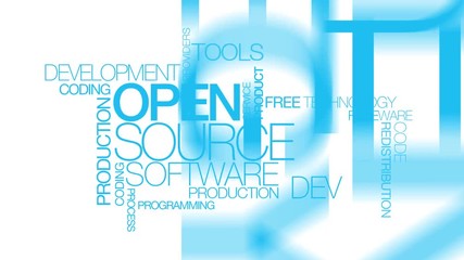 Wall Mural - open source software apps development application word tag cloud video white background blue animate