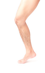 closeup leg men skin and hairy with white background, health care and medical concept