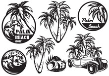 A Set Of Monochrome Templates With Different Palm, Waves, Coconut And A Car. Vector Illustration