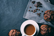 Chocolate muffins and coffee on a dark background