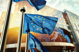 Fototapeta  - EU flags waving in front of European Parliament building. Brussels, Belgium
