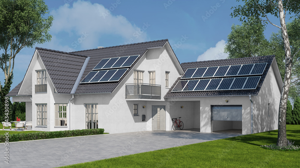 Solaranlage auf Haus mit Solarzellen auf Dach - obrazy, fototapety, plakaty 