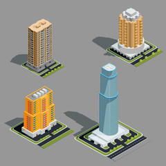 Wall Mural - Vector isometric 3D illustrations icons of buildings skyscrapers, tower, offices, residential buildings