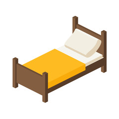 wooden bed for one person in an isometric view. place to sleep with a pillow and a blanket in a flat