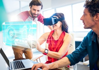 Wall Mural - woman wearing vr virtual reality headset with interface